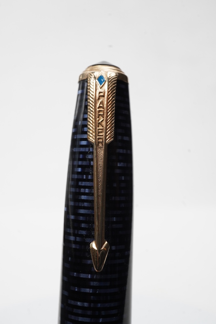 A Parker Long Major Vacumatic in rare blue pearl fitted with 14ct. gold Vacumatic nib